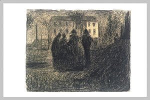 Group of figures in front of a house and some trees