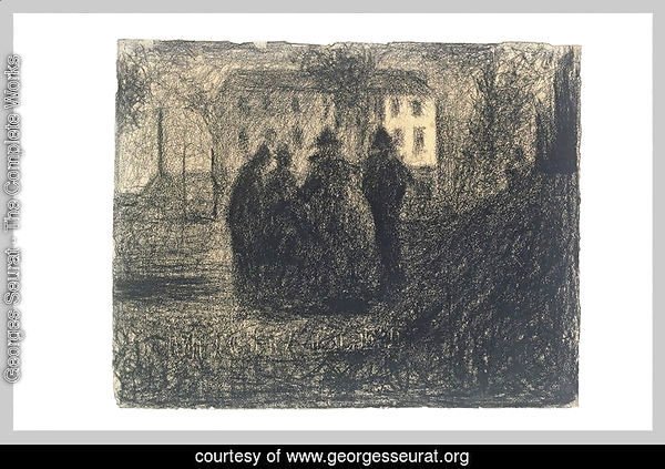 Group of figures in front of a house and some trees
